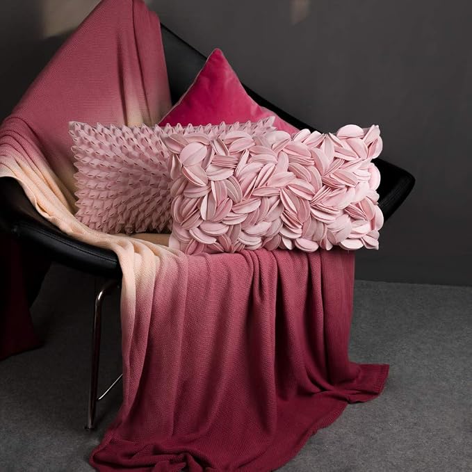 KINGROSE 3D Flower Throw Pillow Cover, 12 X 20 Inches, Velvet, Pink | Handmade Floral Pillowcase, Decorative Cushion Cover, For Sofa Couch Bedroom Home Decor