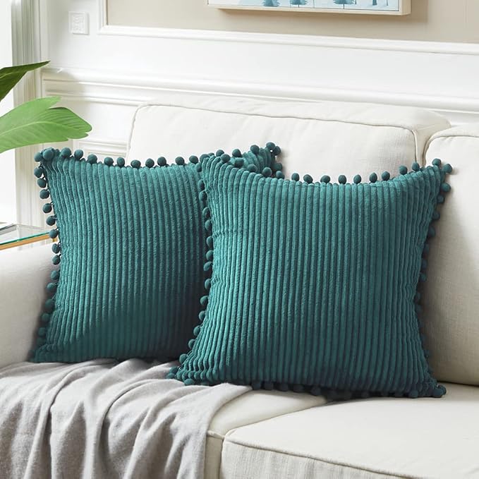 Fancy Homi 2 Packs Teal Decorative Throw Pillow Covers 20x20 Inch with Pom-poms for Living Room Couch Bedroom, Soft Corduroy Solid Square Cushion Case 50x50 cm, Rustic Farmhouse Home Decor