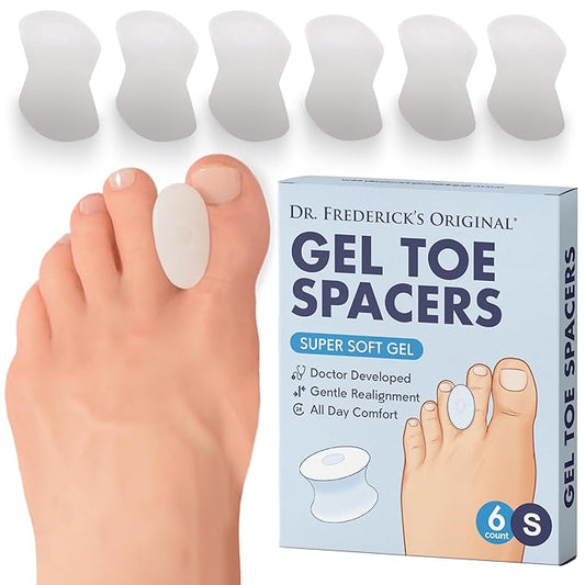 Dr. Frederick's Original Gel Toe Separators - 6 ct - Soft Bunion Spacers for Overlapping Toes, Gentle Alignment & Foot Pain Relief - Toe Cushion Spacers for Women & Men - Washable & Reusable - Small