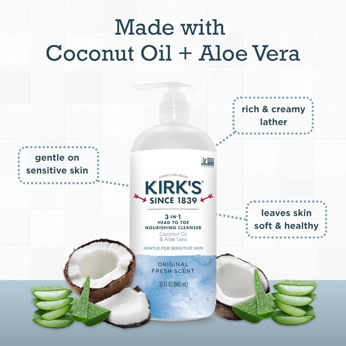 Kirk's 3-in-1 Head to Toe Nourishing Liquid Cleanser- for Men, Women & Children - Premium Coconut Oil & Aloe Vera- Non GMO & Vegan -Original Fresh Scent - 32 Fl Oz