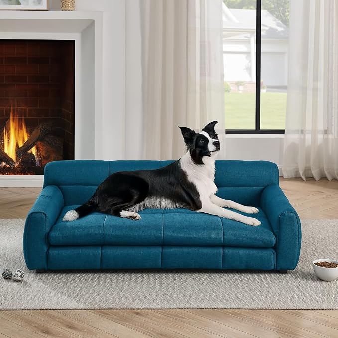51"×28" Large Dog Sofa, for Large & Extra Large Dogs | Detachable Cushion | Reinforced Low Base|Non-Sagging |Breathable Linen Fabric | Soft Cushion | Armrest & Backrest | Blue