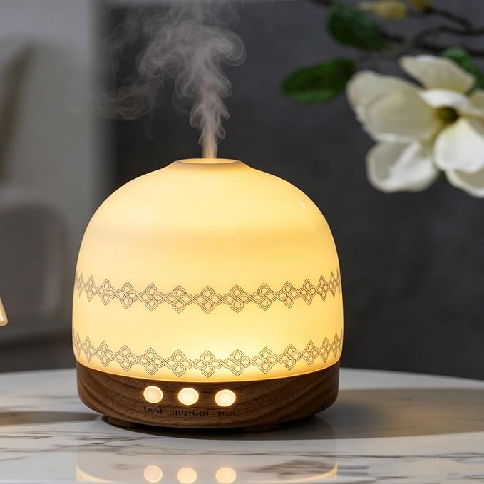 Aromatherapy Diffuser,300ML Handmade Essential Oil Ceramic Diffusers for Large Home with Cool Mist Humidifier & Night Light for Bedroom, Office, Yoga, Spa Women Gifts,Blue Flower