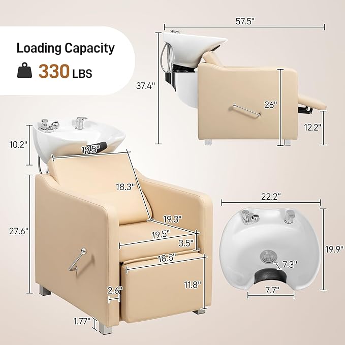 Winado Shampoo Backwash Barber Chair with Ceramic Hair Wash Bowl Sink, Adjustable Leg Baffle, Reclining Shampoo Station Chair for Barbershop Beauty Spa Massage Hairdressing Equipment, Beige