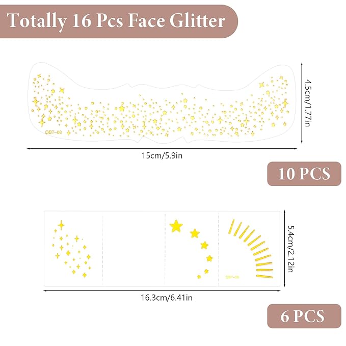 16 PCS Temporary Tattoos, Face Glitter, Gold Face Tattoos Stickers, Temporary Body Face Glitter, Makeup Patches for Women Girls Music Festival, Carnival Party, Halloween