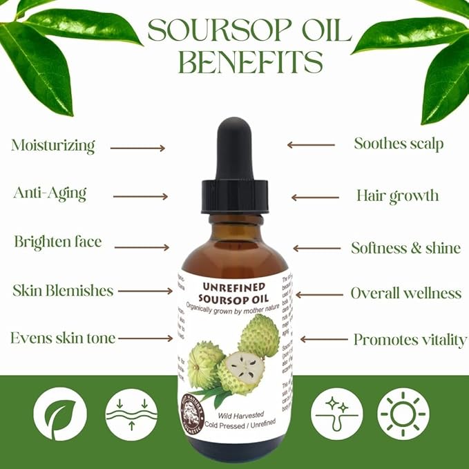 Virgin Soursop Oil (Anona Muricata, Graviola, Guanabana) – 100% Pure, Organic, Cold-Pressed, Unrefined – 1oz - 30ml – Natural Facial Oil & Moisturizer for Dry, Damaged, or Sensitive Skin.