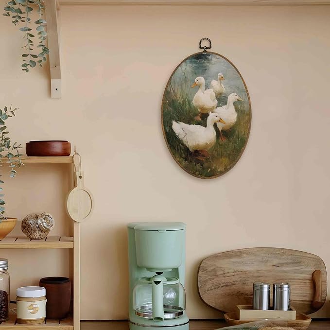 LKETW Rustic Farmhouse Duck Oval Wall Art Decor, Vintage Country Duck Oval Canvas Hanging Decor, Cottagecore Farm Animal Wall Decorations for Farmhouse Home Bedroom Living Room, 8.6x11.4 Inch