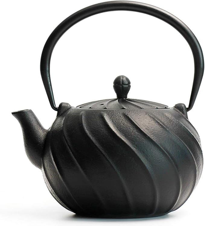 Tea Kettle, TOPTIER Japanese Cast Iron Teapot with Infuser, Cast Iron Tea Kettle Stovetop Safe, Wave Design Teapot Coated with Enameled Interior for 30 Ounce (900 ml), Midnight Black
