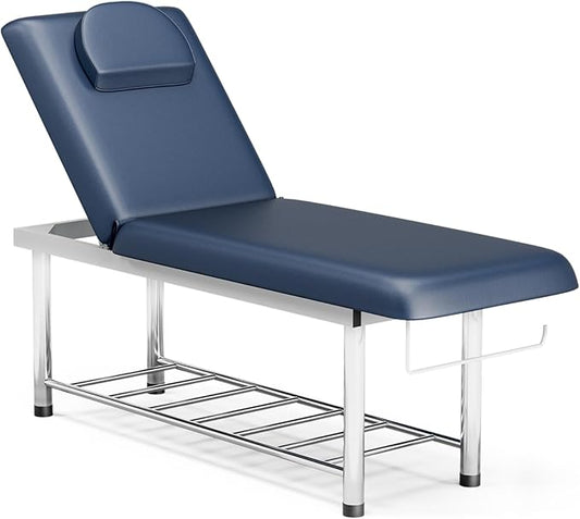 SyyBhb Professional Stationary Massage Table, 550lbs Heavy Duty Wide Exam Bed for Treatment, Backrest Adjustable, Removable Headrest, Bottom Shelf Storage and Towel Hook, Blue