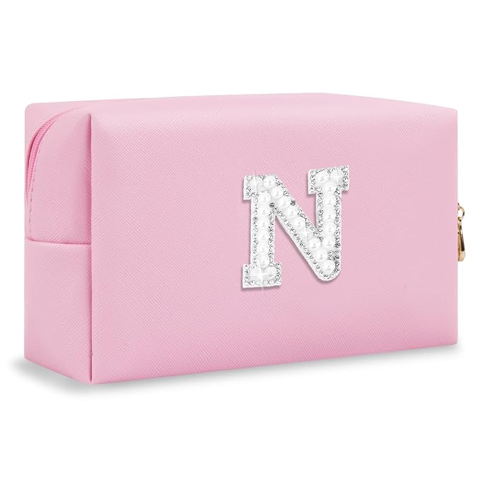 ChaoGreat Bride Gifts – Personalized Initial Makeup Bag with Pearl Rhinestone Patch, Preppy Pink Monogram Cosmetic/Toiletry Pouch, bridesmaid Gifts, Bridal Shower Gifts, Wedding Gifts, Bridal Gifts,N