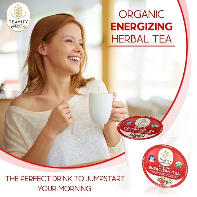 Organic Ashwagandha TeaPods for Keurig with Ginger, Licorice, Hibiscus, Rosehip, & Lime - Decaf HerbalTea - Energizing Tea by Teavity (24 Tea Pods)