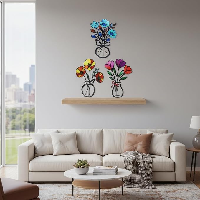 VEWOSTAR 3 Pcs Metal Flowers Wall Decor,Outdoor Fence Wall Art Decor | 3D Colorful Outdoor Wall Art Patio Fence Decor for Garden Living Room Balcony