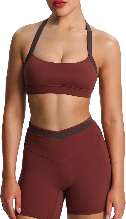 Aoxjox Women's Color Block Halter Workout Sports Bras Fitness Athletic Vanessa Bra Yoga Crop Tank