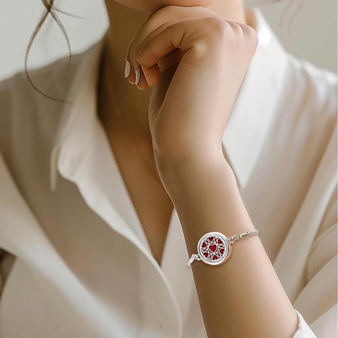 Essential Oil Diffuser Bracelet Aromatherapy Locket - Adjustable Stainless Steel Heart with 10 Pcs Refill Pads for Women Girls
