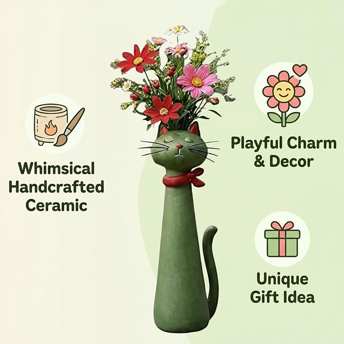 Quirky Cat Vase, Funny Cat Paw Vase for Desk and Shelf Decor, Unique Flower Vase for Small Bouquets, Whimsical Cat Planter in Green