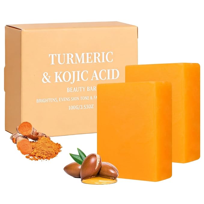 Turmeric Kojic Acid Soap for Dark Spots with Turmeric, Vitamin C & Shea Butter, Brightening Face & Body Wash, Even Tone Skin Cleanser for Hyperpigmentation & Inner Thighs, 2 Pack