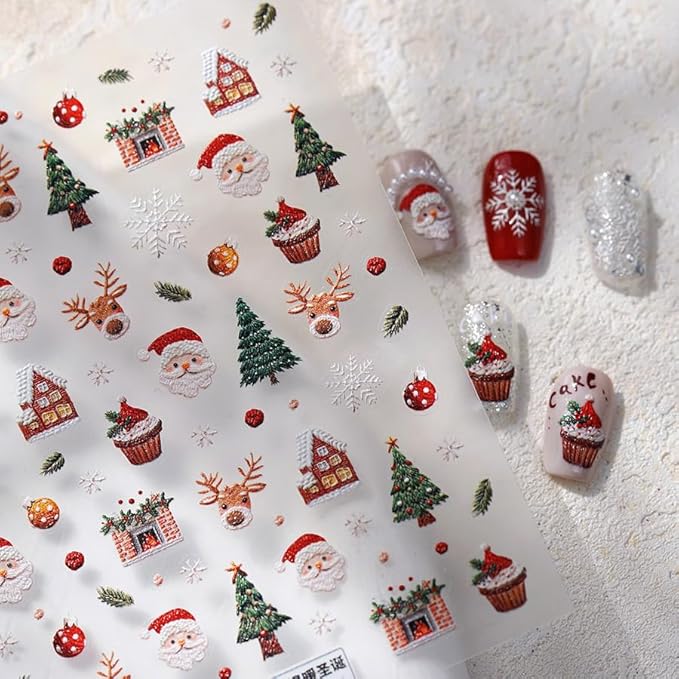Christmas Nail Stickers for Nail Art, 5D Self-Adhesive Trees Cake Nail Decals, Mushroom Nail Supplies Nail Art Design Accessories for Women and Girls Manicure DIY Decoration