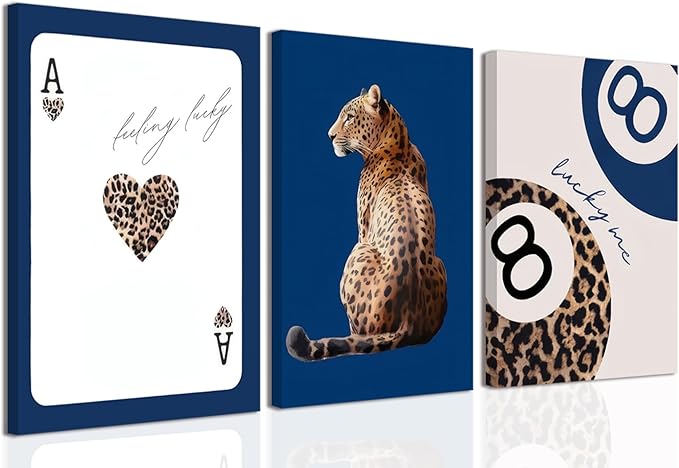 Navy Blue Leopard Canvas Wall Art Set of 3 Cheetah Animal Prints Posters Wall decor Trendy 8 Ball Lucky Me Pictures Aesthetics Artwork for Dormitory Apartment Bedroom Decoration 12x16 Inch Framed