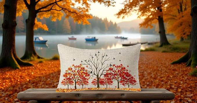 Autumn Throw Pillow Cover 12" x 20'' inches Linen Red Maple Leaves | Boho Pillow Covers Soft Family Home Gift Cushion Case Decorative