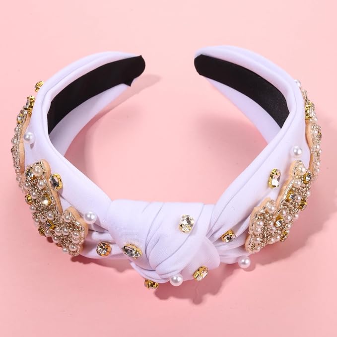 mokkia Easter Headbands Beaded Rabbit Bunny Headband for Women Pink Spring Knotted Headband Easter Hair Accessories Gifts
