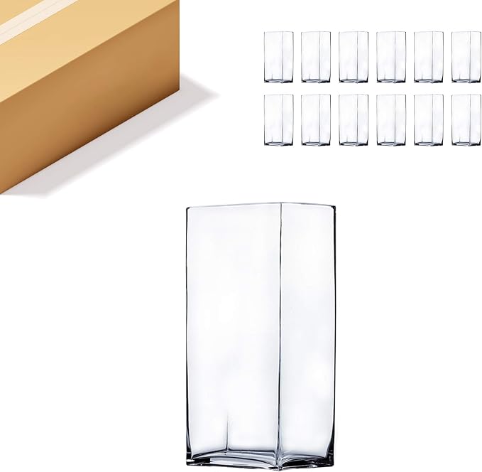 WGV Glass Rectangle Block Vase Bulk, Width x Length 3" x 4", Height 9", Clear Floral Planter Container Votive Candle Holder Wedding Party Event, Home Office Decor, 12 Pieces