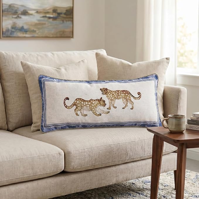 patdrea Designer French Vintage Linen Throw Pillow Cover,12"x28"-Fromm E | Elegant Decorative Pillow Case with Zipper,Leopard Pattern,Pillow Cover for Couch Living Room Bedroom Sofa