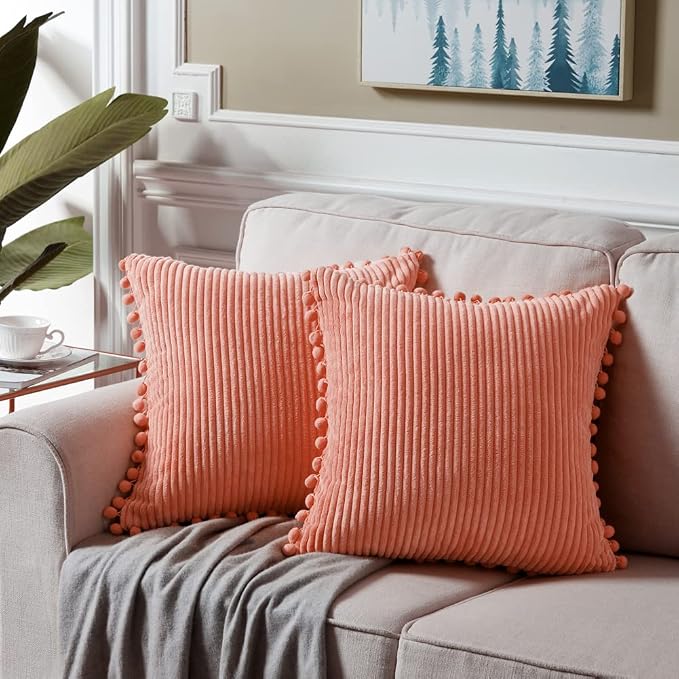 Fancy Homi 24x24 Pillow Covers, Pack of 2 Coral Throw Pillow Covers with Pom-poms, Super Soft Corduroy Square Solid Cushion Cover for Couch Sofa Bedroom Living Room 60x60 cm