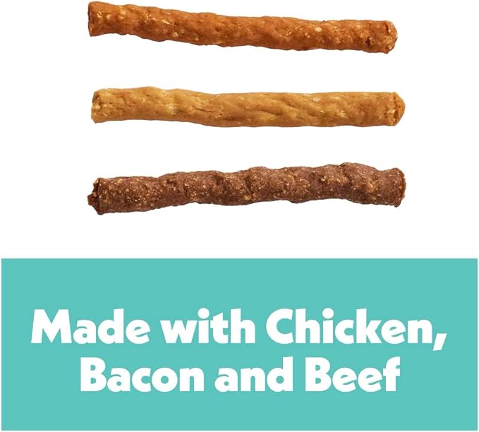 Wiggles & Wags Meaty Sticks Dog Treats, Chicken Bacon Beef Flavors, 16 oz with DN Essentials Bone Shaped Waste Bag Dispenser & Roll