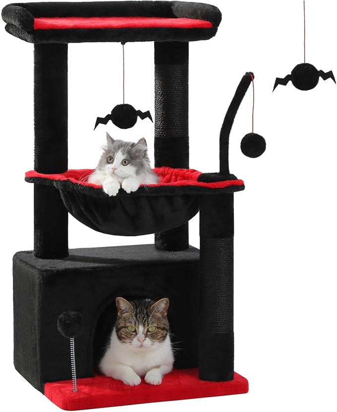 PEQULTI 4-in-1 Gothic Cat Tree for Kittens & Small Cats, 33in Black Tower | Compact 33in cat tower: deep hammock, cozy condo, top perch, sisal post; removable washable cover; wide base for small cats