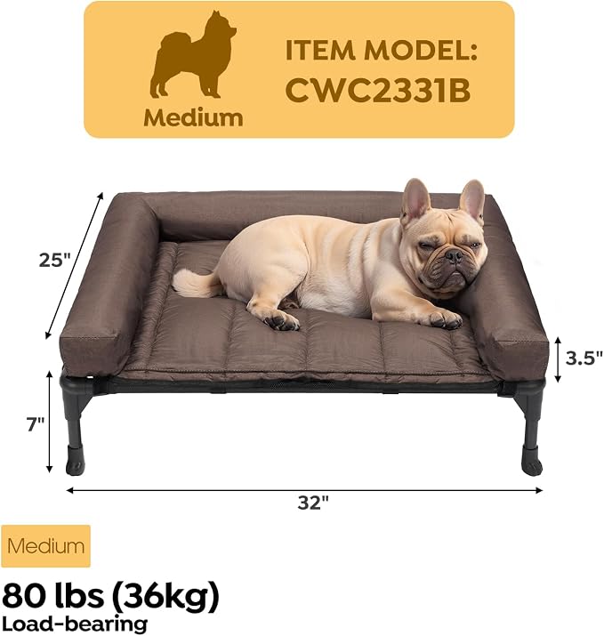 Veehoo Outdoor Elevated Dog Bed with Waterproof Bolster Cushion, Cooling | Raised Dog Bed with Removable & Washable Mat Topper, Breathable Mesh, Dog Couch Cot for Indoor Outdoor, 32", Medium, Brown