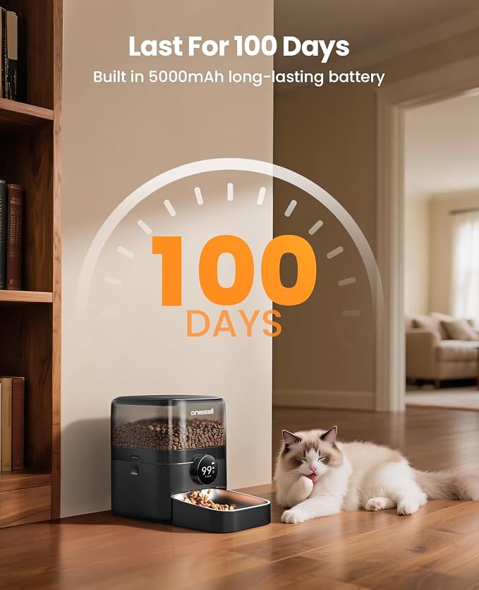 oneisall Cordless Cat Feeder with WiFi | Rechargeable 100-Day Battery Operated, 12 Cups/3L, Dry Food Dispenser, Large Kibble, Smart App Control, Black