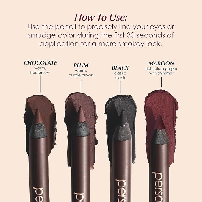PERSONA Cosmetics Mini Eyeliner Kit + Sharpener | 4 Eyeliner Minis | Chocolate, Black, Plum & Maroon | Creamy, Smudgeable, Long-Wear | Vegan, Cruelty-Free | Giftable Set
