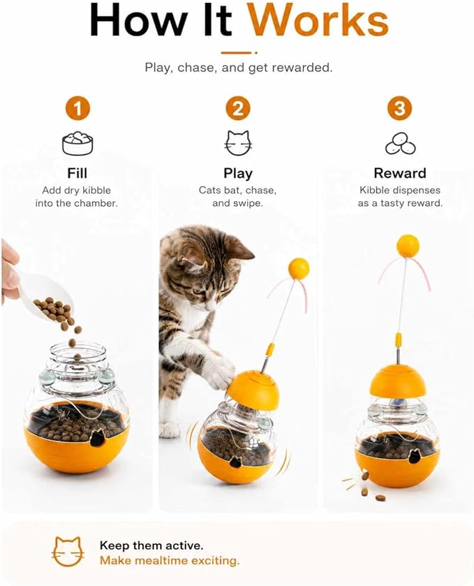 Cat Toy for Indoor Cats: Interactive Wobble Treat Dispenser Ball with Puzzle Feeder, Teaser Wand & Mental Stimulation