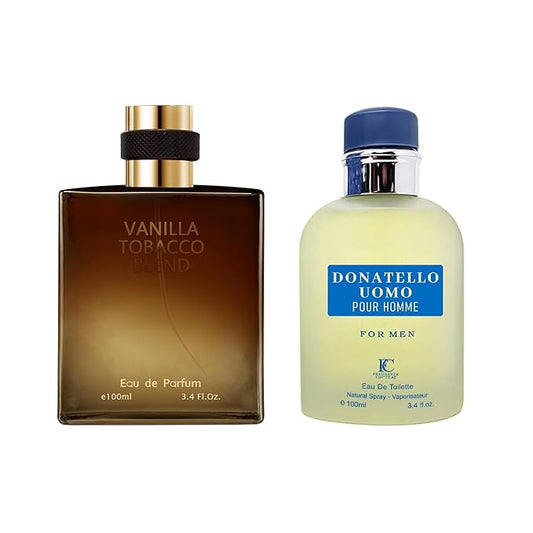 2PCS Mens Perfume Cologne Long Last Strong EDP Natural Spray Gift Set, with Cocoa, Dried Fruits, Woody Fragrance for Daliy Use, 3.4 Fl Oz / 100 mL Each (Donatello UM Dark Blue & Vanilla Tobacco)