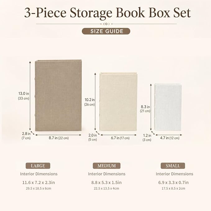 Decorative Book Boxes Set of 3, Linen Storage, 13" | Living Room Decor, Bedroom Decor, Office Decor, Bookshelf Display, Coffee Table, Farmhouse, Rustic, Vintage Style