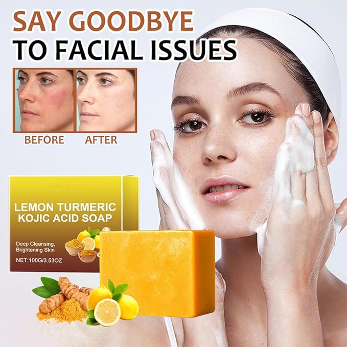 Jabon de Curcuma Para las Manchas, Acido Kojico para Manchas, Jabón de Curcuma, Aceite de Coco, Vitamina E, Triple Para Rostro y Cuerpo, Jabón Para Piel Grasa y Seca (2 Jabon Intimo Para Mujer)