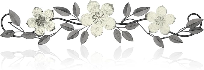 Wesiti Metal Flower Wall Decor Vintage Metal Flower Wrought Iron Scroll Sculpture 15.7''x3.7'' Not 3D, Flat Farmhouse Leaf Wall Decor with Nails for Summer Bedroom Kitchen Indoor Outdoor(White)