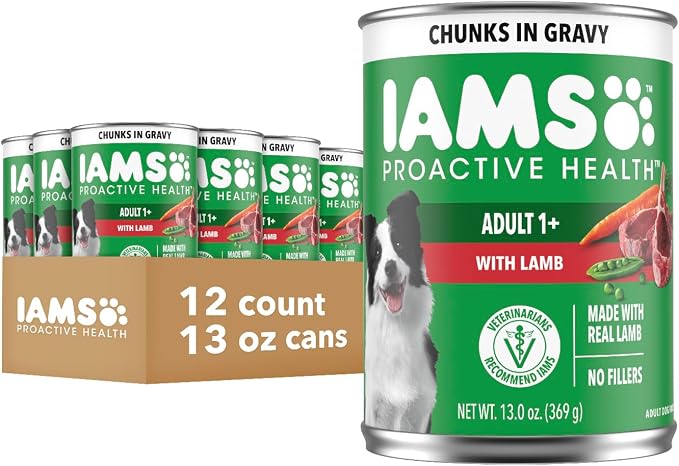 IAMS Proactive Health Chunks in Gravy Wet Dog Food, Lamb, 13 oz, 12 Pack | Real lamb, Omega 6 fatty acids, 100% complete & balanced, no artificial flavors or soy, supports healthy skin & coat, canned