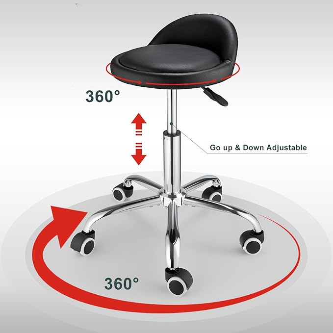 Swivel Rolling Stool with Wheels Height Adjustable Stool Chair Drafting Chair with Backrest Stable Base Foot Black