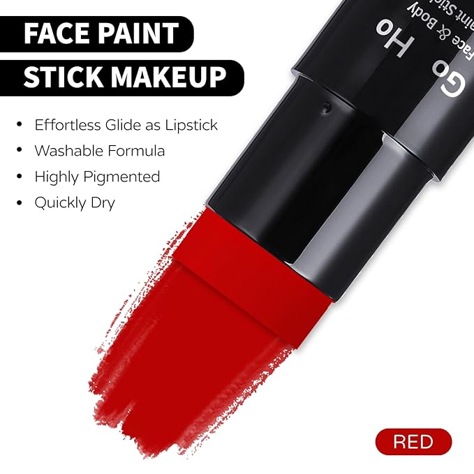 Go Ho Red Face Paint Stick,Easily Washable Formula Body Paint,Non-toxic Full-coverage Cream Red Face Body Paint for Halloween Costumes Cosplay SFX Devil Clown Makeup