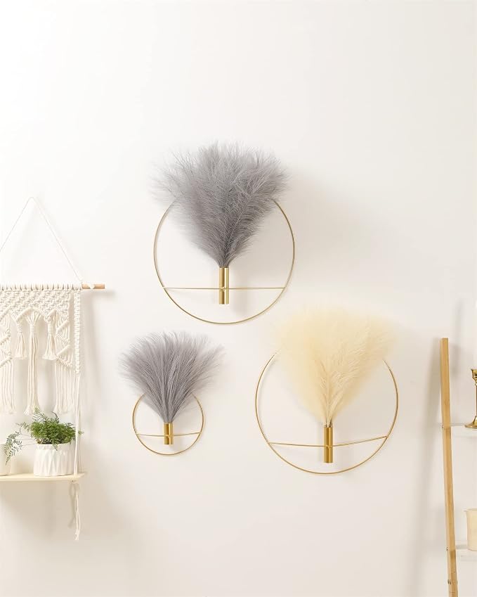 Pretty Jolly Boho Pampas Wall Decor Gold Metal Wall-Mounted Art | Morden Artificial Greenery Display，2 Pack Coffee Hanging Planter For Living Room, Bedroom, Bathroom, Dining room