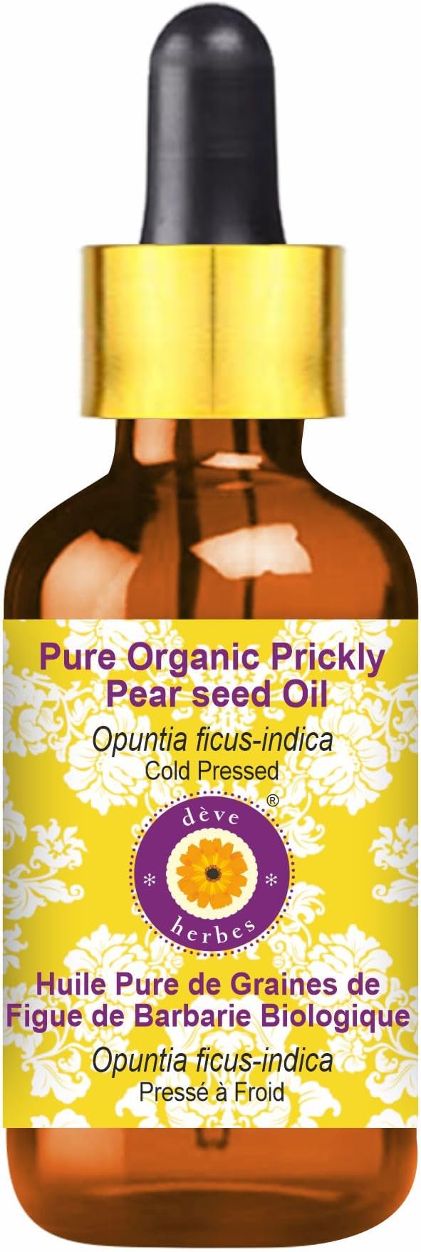 dève herbes Pure Organic Prickly Pear Seed Oil (Opuntia ficus-Indica) with Glass Dropper Cold Pressed 100ml (3.38 oz)