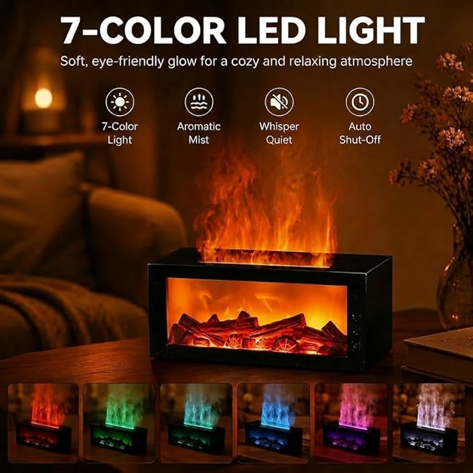 Fireplace Flame Diffuser, 300ML Essential Oil Diffuser with 7 Color Realistic Flame Light, Remote & Timer Aromatherapy Scent Diffuser for Home Bedroom Office Yoga