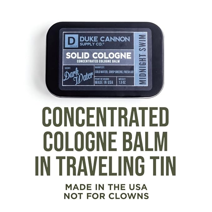 Duke Cannon Supply Co. Solid Cologne for Men Midnight Swim - Cold Water, Crisp Greens, Fresh Air - Concentrated Balm, Coconut Oil, Travel-Friendly Tin, 1.5 oz (1 unit)