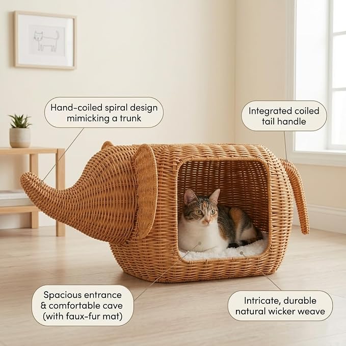 PAWZ Road Elephant Rattan Cat Bed, Indoor Outdoor Condo for Large Cats | breathable rattan cat house, 51L interior fits large cats 15lbs, wicker cat bed with removable cushion