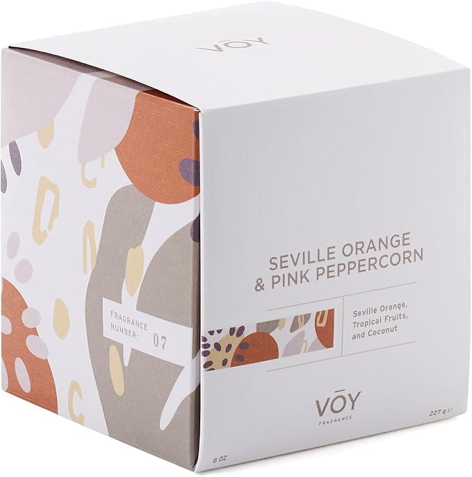 VOY Scented Candle, Tropical Bright Seville Orange & Pink Peppercorn, 55 Hour Burn Time, Blended Soy Candle, High-Fragrance Load, 8 oz Jar Candle, Aromatherapy Candle with Sustainable Gift Packaging