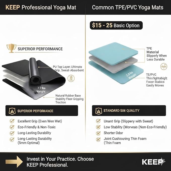 KEEP Rubber Yoga Mat - Professional Sweat Absorbent PU & Natural Rubber. Non Slip Workout Mats for Women & Men, 5mm Thick, 72"x26" Extra Long Wide Pad for Hot Yoga, Pilates, HIIT, Home Gym - Strap Included