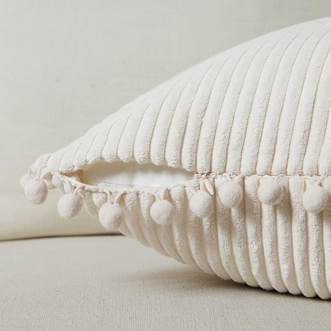 Fancy Homi Set of 2 Cream Decorative Throw Pillow Covers 12x12 Inch with Pom-poms for Couch Bed Sofa, Modern Farmhouse Boho Home Decor, Soft Plush Corduroy Cute Cushion Case 30x30 cm