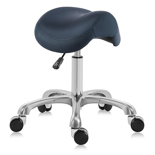 Ergonomic Saddle Stool Adjustable Pneumatic Swivel Rolling Saddle Seat Stool with Wheels for Medical Hygienic SPA Massage Salon Home and Office 506 Haku (Queen Blue)