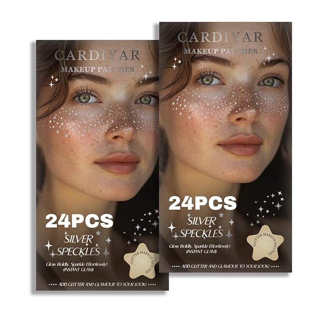 Glitter Freckles, 24PCS Glitter Freckles Face Tattoo, Sparkle Freckles for Women, Waterproof Gold Temporary Face Tattoos Glitter Glow Up Patches Makeup Patches (Silver 2Packs)