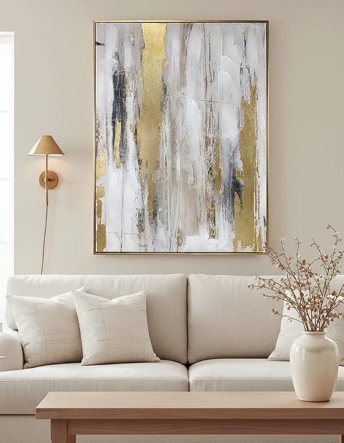 Zessonic Abstract Wall Art with Gold Foil - 24 x 32 Inches Gold and Gray Canvas Print with Texture for Modern Style Decor，Framed, Ready to Hang